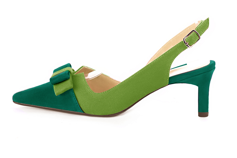 Emerald green women's open back shoes, with a knot. Tapered toe. Medium comma heels. Profile view - Florence KOOIJMAN